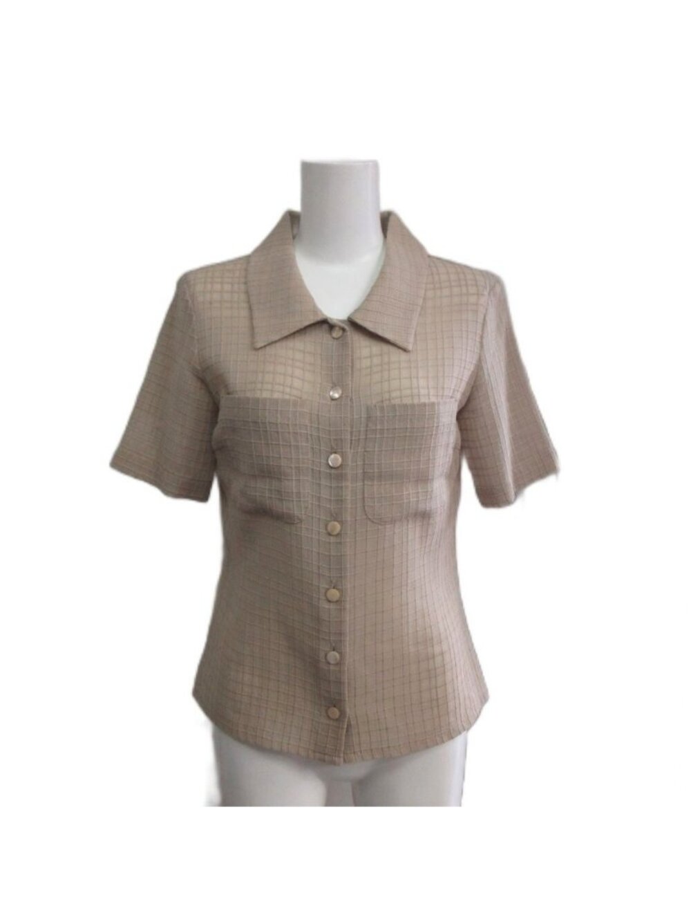 Fendi Vintage Shirt Short Sleeve Sheer Plaid M Beige 42
